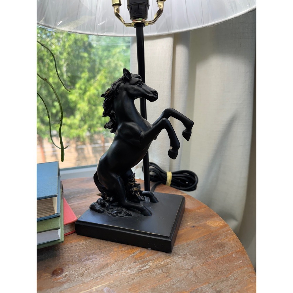 Black Rearing Horse Table Lamp Equestrian Stallion Sculpture White Pleated Shade - Picture 2 of 11